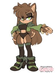 Rule 34 | 1girl, animal ears, animal nose, artist name, bad id, bad twitter id, bangle, black thighhighs, body fur, boots, bracelet, breasts, brown eyeshadow, brown fur, brown hair, brown shirt, brown sports bra, chipmunk ears, chipmunk girl, chipmunk tail, closed mouth, commentary, cropped jacket, dark-skinned female, dark skin, earrings, english commentary, fingernails, frown, full body, fur-trimmed jacket, fur trim, furry, furry female, gloves, green eyes, green footwear, green jacket, hair between eyes, half-closed eyes, hand on own hip, high heel boots, high heels, highres, jacket, jewelry, kaijumilk (milkchaotea), long fingernails, long hair, long sleeves, looking at viewer, makeup, mascara, midriff, mole, mole under eye, navel, original, outstretched arm, sawyer (milkchaotea), shirt, simple background, skindentation, solo, sports bra, standing, symbol-only commentary, tail, thighhighs, very long hair, watermark, white background