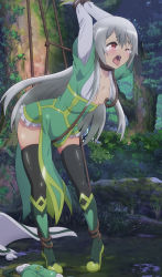 Rule 34 | 1girl, absurdres, ahegao, arms up, blush, dress, futoku no guild, green dress, highres, maidena angers, nipple stimulation, nipple tweak, one eye closed, open mouth, red eyes, saliva, screencap, silver hair, stitched, strangling, tearing up, thighhighs, third-party edit, tongue, tongue out, zettai ryouiki