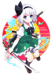 Rule 34 | 1girl, black bow, black hairband, black neckwear, black socks, blue eyes, bow, breasts, brown footwear, bug, butterfly, butterfly background, dress, ghost, ghost costume, green dress, hairband, highres, insect, katana, konpaku youmu, long toes, looking at viewer, medium breasts, multicolored background, open mouth, shoes, short hair, short sleeves, silver hair, sleeveless, socks, solo, sword, touhou, weapon, white sleeves, yuujin (yuzinn333)