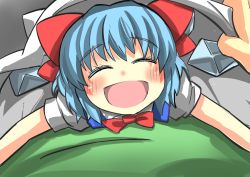 Rule 34 | 1girl, bed sheet, blue hair, bow, cirno, commentary, gaoo (frpjx283), hair bow, hug, looking at viewer, pov, pov hug, red bow, simple background, smile, touhou, wings