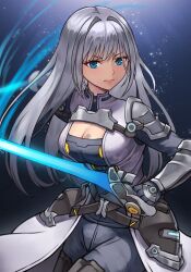 Rule 34 | 1girl, 20060715, absurdres, armor, blue eyes, bodysuit, breast tattoo, breasts, cleavage, cleavage cutout, clothing cutout, ethel (xenoblade), grey bodysuit, grey hair, hair intakes, highres, large breasts, long hair, shoulder armor, solo, tattoo, very long hair, xenoblade chronicles (series), xenoblade chronicles 3