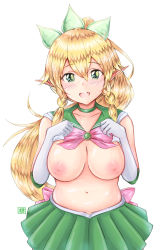 Rule 34 | 1girl, :d, absurdres, alternate costume, bad id, bad pixiv id, belly, bishoujo senshi sailor moon, blonde hair, blush, bow, braid, breasts, choker, clothes lift, collarbone, commentary request, elf, gloves, green choker, green eyes, green skirt, hair between eyes, hair ornament, highres, large breasts, leafa, long hair, looking at viewer, navel, nipples, open mouth, pink bow, pleated skirt, pointy ears, ponytail, shirt lift, side braid, simple background, skirt, smile, solo, sweat, sword art online, teeth, tong shui, twin braids, upper teeth only, white background