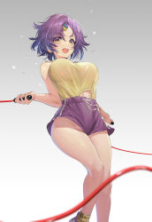 Rule 34 | 1girl, absurdres, breasts, commentary request, gradient background, hair ornament, hairclip, highres, holding, jump rope, looking at viewer, medium breasts, no panties, open mouth, original, purple eyes, purple shorts, see-through, shiny skin, short hair, short shorts, short sleeves, shorts, simple background, sleeveless, socks, striped, sweat, sweatdrop, teddy (khanshin), thighs, vertical stripes, yellow socks