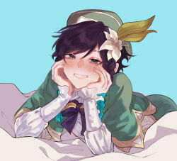 Rule 34 | 1boy, :d, arm support, bard, beret, black bow, black bowtie, black hair, blue background, blue hair, blush, bow, bowtie, braid, cape, cecilia flower (genshin impact), collared cape, commentary, english commentary, flower, frilled sleeves, frills, genshin impact, gradient hair, green cape, green eyes, green headwear, green shorts, grin, half-closed eyes, hat, hat flower, head rest, highres, hsteetee, long sleeves, looking at viewer, lying, male focus, multicolored hair, on bed, on stomach, open mouth, short hair with long locks, shorts, side braids, simple background, smile, twin braids, venti (genshin impact), white flower