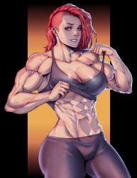 Rule 34 | 1girl, abs, absurdres, az ciam, breasts, earrings, highres, jewelry, large breasts, muscular, muscular female, orange eyes, original, pants, red hair, scar, scar on face, shaved head, solo, tank top, thick thighs, thighs, tight clothes, tight pants, underboob