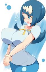 Rule 34 | 1girl, absurdres, blue hair, breasts, bright pupils, creatures (company), freckles, game freak, highres, jellcaps, lana&#039;s mother (pokemon), large breasts, low ponytail, mature female, nintendo, no sclera, open mouth, pokemon, pokemon (anime), pokemon sm (anime), scoop neck, solo, white pupils