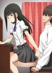 Rule 34 | 1boy, 1girl, black hair, blue eyes, blush, book, brown hair, chair, character request, clothed sex, copyright request, curtains, desk, expressionless, flat chest, implied sex, indoors, long hair, purple ribbon, ribbon, saliva, school uniform, shirt, sitting, sitting on lap, sitting on person, skirt, students, tarokennsann