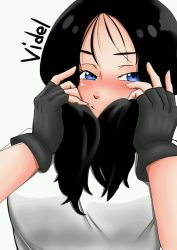 Rule 34 | 1girl, black hair, blue eyes, blush, breasts, character name, dragon ball, dragonball z, gloves, long hair, looking at viewer, shirt, simple background, smug, tagme, tomboy, twintails, upper body, videl, white shirt