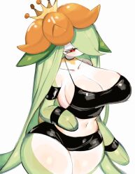 Rule 34 | breasts, cleavage, colored skin, creatures (company), crop top, crown, flower, flower on head, game freak, gen 5 pokemon, green hair, green skin, huge breasts, leaf, leaf on head, lilligant, long hair, midriff, monster girl, navel, nintendo, plant girl, pokemon, pokemon (creature), red eyes, short shorts, shorts, sideboob, thick thighs, thighs, usa37107692, very long hair, white skin, wide hips