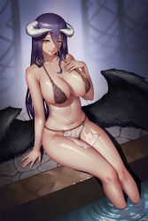 Rule 34 | 1girl, albedo (overlord), bikini, black bikini, black hair, black wings, breasts, cleavage, closed mouth, commentary, demon horns, english commentary, eyelashes, eyes visible through hair, feet out of frame, hair between eyes, hand on own chest, highres, horns, lace bikini, large breasts, lips, long hair, looking at viewer, low wings, navel, orange eyes, overlord (maruyama), paid reward available, pelvic curtain, poolside, ripples, secon, shiny skin, sitting, smile, soaking feet, solo, straight hair, swimsuit, thighs, white horns, wings