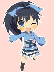 Rule 34 | 1girl, ;d, amakara surume, bad id, bad pixiv id, blue eyes, blush, bow, chibi, ganaha hibiki, hair bow, idolmaster, idolmaster (classic), long hair, looking at viewer, lowres, one eye closed, open mouth, simple background, smile, solo, wink
