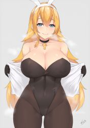 Rule 34 | 1girl, animal ears, azur lane, bare shoulders, black gloves, blonde hair, blouse, blue eyes, breasts, breath, brown pantyhose, choker, cleavage, covered navel, cowboy shot, cross, cross choker, fake animal ears, gloves, gluteal fold, grey background, hairband, heart, heart-shaped pupils, highres, kuavera, large breasts, leotard, long hair, looking at viewer, north carolina (azur lane), off shoulder, open clothes, open shirt, pantyhose, playboy bunny, rabbit ears, shirt, simple background, smile, solo, strapless, strapless leotard, symbol-shaped pupils, thighs, wide hips