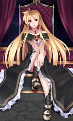 Rule 34 | 1girl, alternate costume, armored shoes, bare shoulders, blonde hair, dress, fate testarossa, gold trim, hand on own leg, head tilt, highres, jewelry, long hair, looking at viewer, lyrical nanoha, mahou shoujo lyrical nanoha, necklace, open mouth, red eyes, solo, sougetsu izuki, strapless, strapless dress, throne, very long hair