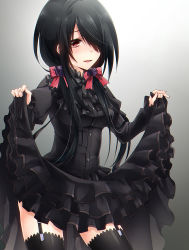 Rule 34 | 10s, 1girl, :d, black hair, blush, bow, bowtie, date a live, dress, flower, garter straps, hair flower, hair ornament, hair over one eye, hairband, keita (tundereyuina), layered dress, long hair, long sleeves, looking at viewer, open mouth, red bow, red bowtie, red eyes, ribbon, rose, smile, solo, thigh strap, thighhighs, tokisaki kurumi, tsurime, twintails, zettai ryouiki