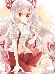 Rule 34 | 1girl, bow, collarbone, collared shirt, commentary, eating, feet out of frame, food in mouth, fujiwara no mokou, hair bow, hand on own leg, highres, long hair, looking at viewer, navel, nikorashi-ka, one-hour drawing challenge, pants, popsicle, popsicle in mouth, red bow, red eyes, red pants, shirt, sitting, sleeves rolled up, solo, suspenders, suspenders slip, touhou, two-tone bow, very long hair, white bow, white hair, white shirt
