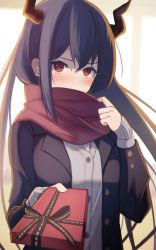 Rule 34 | 1girl, alternate costume, arknights, backlighting, black hair, black jacket, black ribbon, blazer, blush, ch&#039;en (arknights), commentary request, dragon horns, eyebrows hidden by hair, gift, highres, holding, holding gift, horns, jacket, long hair, long sleeves, open clothes, open jacket, red eyes, red scarf, ribbon, sanukiske, scarf, scarf over mouth, school uniform, shirt, sleeves past wrists, upper body, v-shaped eyebrows, valentine, very long hair, white shirt