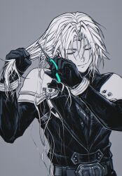 Rule 34 | 1boy, aged down, armor, bangle, belt, black coat, black gloves, bracelet, chest strap, closed eyes, closed mouth, coat, cutting hair, final fantasy, final fantasy vii, final fantasy vii ever crisis, frogccc333, gloves, grey background, hair between eyes, hand in own hair, highres, holding, holding scissors, jewelry, long hair, long sleeves, male focus, monochrome, parted bangs, scissors, sephiroth, short hair, shoulder armor, smile, solo, spot color, upper body, white hair