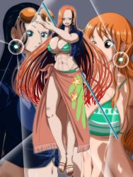 Rule 34 | 3girls, abs, absurdres, arms at sides, artist request, bikini, breasts, cleavage cutout, clima-tact, clothing cutout, crossover, curvy, dancer, dragon ball, earrings, fusion, hana hana no mi, high heels, highres, jacket, jewelry, large breasts, long hair, looking at viewer, midriff, multicolored hair, multiple girls, nami (one piece), navel, nico robin, one piece, open clothes, open jacket, orange eyes, potara earrings, sideboob, sitting, slippers, smile, swimsuit, thick thighs, thighs, tight clothes, towel around waist, very long hair