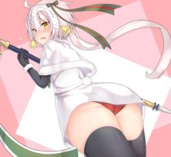 Rule 34 | ahoge, artoria pendragon (all), artoria pendragon (fate), ass, bell, black gloves, black legwear, blush, bow, fate/grand order, fate (series), gloves, green bow, green ribbon, headpiece, highres, jeanne d&#039;arc (fate), jeanne d&#039;arc alter santa lily (fate), long hair, looking at viewer, open mouth, panties, red panties, reinama, ribbon, santa alter, thighhighs, underwear, white hair, yellow eyes