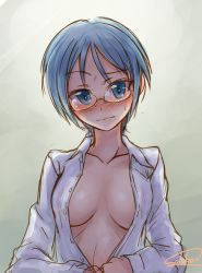 Rule 34 | 10s, 1girl, artist name, bad id, bad pixiv id, breasts, closed mouth, dress shirt, embarrassed, girls und panzer, glasses, grey eyes, grey hair, light frown, looking at viewer, medium breasts, open clothes, open shirt, rumi (girls und panzer), shirt, short hair, signature, sketch, smile, solo, solokov (okb-999), standing, sweatdrop, upper body, white shirt