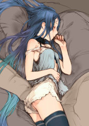 Rule 34 | 10s, 1girl, ass, bare shoulders, blue hair, blush, branch (blackrabbits), breasts, camisole, cushion, gradient hair, halterneck, kantai collection, long hair, lying, multicolored hair, on side, pillow, profile, samidare (kancolle), shorts, sleeping, small breasts, solo, thighhighs, upshorts, very long hair, zettai ryouiki