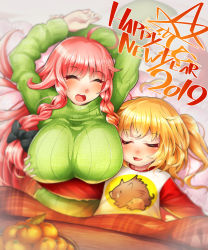 Rule 34 | 2019, 2girls, ahoge, alternate costume, black bow, blonde hair, blurry, blush, boar, bow, braid, breasts, closed eyes, commentary request, contemporary, drooling, flandre scarlet, food, fruit, grabbing, grabbing another&#039;s breast, green hat, green sweater, hair bow, happy new year, hat, highres, hong meiling, huge breasts, kotatsu, long hair, long sleeves, lying, mandarin orange, multiple girls, new year, on back, one side up, open mouth, red hair, shirt, sleeping, sweater, table, touhou, turtleneck, turtleneck sweater, twin braids, umigarasu (kitsune1963), under table, unworn hat, unworn headwear, upper body, very long hair