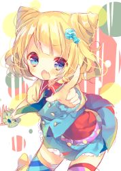 Rule 34 | 1girl, :o, bad id, bad pixiv id, blonde hair, blue eyes, blush, chestnut mouth, cone hair bun, curly hair, double bun, fang, gem, hair bun, hair ornament, leaning forward, looking at viewer, minami mirei, necktie, nekoto rina, pointing, pointing at viewer, pretty series, pripara, short sleeves, simple background, skirt, solo, striped, striped background, thighhighs
