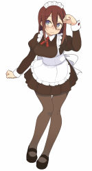 Rule 34 | 1girl, apron, black pantyhose, blue eyes, blush, breasts, brown hair, glasses, highres, large breasts, maid, maid apron, maid headdress, original, oza watto, pantyhose, simple background, skirt, solo, wavy mouth