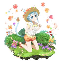 Rule 34 | 1girl, alpha transparency, animal ears, blue eyes, blue hair, cat ears, cat girl, cat tail, dress shirt, faux figurine, flower, full body, hair ribbon, hat, hat flower, highres, holding, holding wand, kneeling, leg up, looking at viewer, neckerchief, non-web source, official art, open mouth, orange flower, orange ribbon, orange shorts, outstretched arms, pinwheel, plaid, plaid shorts, ribbon, shirt, short hair with long locks, short shorts, short sleeves, shorts, sidelocks, sinon, sinon (sao-alo), solo, sun hat, sword art online, sword art online: memory defrag, tail, tail ornament, tail ribbon, transparent background, wand, white ribbon, white shirt, yellow hat, yellow neckerchief