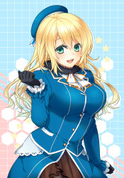 Rule 34 | 10s, 1girl, atago (kancolle), black gloves, blonde hair, breasts, gloves, green eyes, hat, kantai collection, large breasts, long hair, military, military uniform, mise yuzuki, open mouth, pantyhose, personification, smile, solo, uniform