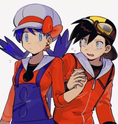 Rule 34 | 1boy, 1girl, afyewv5, backwards hat, black hair, blue eyes, blue hair, blue overalls, bow, closed mouth, commentary, creatures (company), ethan (pokemon), flying sweatdrops, game freak, goggles, goggles on headwear, hat, hat bow, highres, holding hands, jacket, kris (pokemon), long hair, long sleeves, nintendo, open mouth, overalls, pokemon, pokemon adventures, red bow, red jacket, red ribbon, red shirt, ribbon, shirt, short hair, simple background, sleeves past elbows, sweatdrop, twintails, white background, white hat, yellow eyes