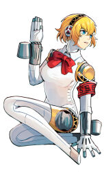 Rule 34 | 1girl, aegis (persona), android, armband, blonde hair, blue eyes, bow, bowtie, breasts, detached collar, drum magazine, full body, gun, hand on floor, highres, joints, kuki tan, looking to the side, magazine (weapon), medium breasts, no feet, on floor, persona, persona 3, red armband, red bow, red bowtie, robot joints, s.e.e.s, short hair, simple background, solo, weapon, white background