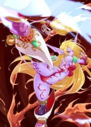 Rule 34 | 1girl, animal ears, blonde hair, blue skin, breasts, breath of fire, breath of fire ii, closed mouth, colored skin, earrings, feet out of frame, highres, jewelry, kicking, large breasts, long hair, looking at viewer, navel, pointy ears, purple skin, red eyes, rinpoo chuan, solo, tail, very long hair, yakisoba (kaz2113)