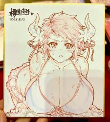 Rule 34 | absurdres, bikini, blush, breasts, cleavage, draph, embarrassed, eno yukimi, flower, granblue fantasy, highres, horns, huge breasts, long ears, looking at viewer, open mouth, red hair, ribbon, shikishi, signature, simple background, sturm (granblue fantasy), sweat, swimsuit, tagme