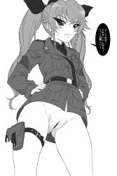 Rule 34 | 10s, 1girl, anchovy (girls und panzer), belt, blush, bottomless, censored, dress shirt, drill hair, embarrassed, from below, girls und panzer, greyscale, hands on own hips, highres, holster, jacket, long hair, long sleeves, looking down, military, military uniform, monochrome, necktie, no panties, pussy, ribbon, shichimenchou, shirt, solo, standing, sweatdrop, tears, thigh strap, translated, twin drills, twintails, uniform