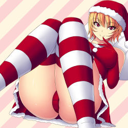 Rule 34 | 1girl, ass, bad id, bad pixiv id, bare shoulders, blonde hair, breasts, christmas, diagonal stripes, dress, elbow gloves, gloves, hat, highres, kisaragi yakumo, large breasts, original, panties, pantyshot, patterned legwear, red &amp; white, red eyes, red panties, red theme, santa costume, santa hat, short hair, smile, solo, striped background, striped clothes, striped thighhighs, thighhighs, two-tone stripes, underwear, zettai ryouiki