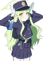 Rule 34 | 1girl, absurdres, armband, bag, belt, black bag, black belt, blue archive, blue armband, blue hat, blue jacket, blue skirt, closed mouth, commentary request, earrings, gloves, green hair, halo, hat, hikari (blue archive), highres, jacket, jewelry, long hair, long sleeves, looking at viewer, masami atabe, pantyhose, peaked cap, pleated skirt, pointy ears, rabbit pose, shoulder bag, sidelocks, skirt, solo, standing, thick eyebrows, triangle earrings, upper body, v-shaped eyebrows, wavy hair, white gloves, white pantyhose, yellow eyes
