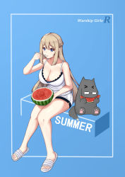 Rule 34 | absurdres, blue eyes, breasts, food, fruit, glasses, highres, knees together feet apart, large breasts, lexington (warship girls r), silver hair, slippers, toes, underwear, uss lexington (cv-2), utensil in mouth, warship girls r, watermelon, xiao qi