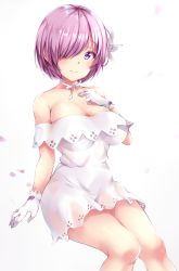 Rule 34 | 1girl, bare shoulders, breasts, cleavage, fate/grand order, fate (series), hair over one eye, highres, invisible chair, large breasts, looking at viewer, mash kyrielight, mash kyrielight (formal dress), official alternate costume, purple eyes, purple hair, short hair, sitting, smile, solo, yutsuki tsuzuri, yuzuki tsuzuru