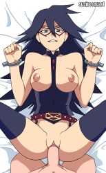 Rule 34 | 10s, 1boy, 1girl, animated, animated gif, bed, bed sheet, belt, belt buckle, black hair, blue eyes, boku no hero academia, bouncing breasts, breastless clothes, breasts, breasts out, buckle, choker, clenched hands, clitoris, clothed female nude male, clothed sex, cuffs, domino mask, erection, facing viewer, functionally nude, hair between eyes, handcuffs, hands up, happy, happy sex, hetero, highres, kneeling, legs up, long hair, looking at viewer, lying, mask, medium breasts, midnight (boku no hero academia), missionary, mole, mole under eye, navel, nipples, no bra, no panties, nude, on back, on bed, parted lips, partially undressed, penis, pov, pussy, sex, sitting, smile, spread legs, suoiresnu, teeth, testicles, thighhighs, uncensored, vaginal, very long hair, watermark