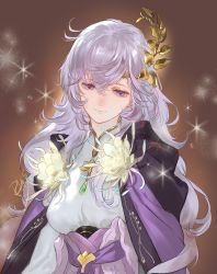 Rule 34 | 1girl, breasts, brown background, cape, deirdre (fire emblem), dress, fire emblem, fire emblem: genealogy of the holy war, fire emblem heroes, grey hair, hair between eyes, hair ornament, high collar, highres, long hair, looking down, medium breasts, nintendo, purple cape, signature, smile, solo, sparkle, suzuki rika, upper body, wavy hair, white dress