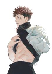 Rule 34 | 1boy, black pants, closed mouth, clothes lift, expressionless, highres, itadori yuuji, jujutsu kaisen, looking at viewer, male focus, pants, qxq illus, scar, scar on face, signature, simple background, solo, undercut, white background
