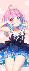 Rule 34 | 1girl, absurdres, ahoge, armpits, bare legs, blue hair, bracelet, collarbone, crown, dodome-iro mayonnaise, dress, fingers to cheeks, green eyes, grin, hair ornament, hairclip, heterochromia, highres, himemori luna, himemori luna (sundress), hololive, jewelry, mini crown, necklace, non-web source, pink eyes, pink hair, sailor collar, short hair, smile, solo, virtual youtuber