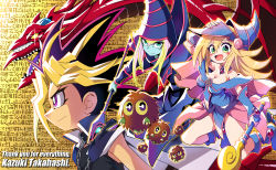 Rule 34 | 1girl, 2boys, absurdres, black hair, blonde hair, blue dress, blue footwear, blush stickers, boots, breasts, cape, chain necklace, cleavage, dark magician, dark magician girl, dragon, dress, duel monster, fushicho, green eyes, helmet, highres, jewelry, kuriboh, long hair, medium breasts, multicolored hair, multiple boys, necklace, off-shoulder dress, off shoulder, open mouth, osiris the sky dragon, purple eyes, red hair, scepter, smile, thank you, yami yugi, yu-gi-oh!, yu-gi-oh! duel monsters