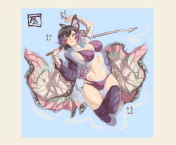 Rule 34 | 1girl, absurdres, beige border, black hair, blue butterfly, bra, breasts, bug, butterfly, butterfly hair ornament, butterfly on hand, cleavage, clothes pull, commentary, commentary request, english commentary, floating, flower, full body, hair ornament, hamza touijri, haori, highres, holding, holding sword, holding weapon, huge filesize, incredibly absurdres, bug, japanese clothes, katana, kimetsu no yaiba, kochou shinobu, lace, lace bra, lace panties, large breasts, lingerie, multicolored hair, navel, open clothes, panties, pants, pants pull, partially submerged, purple bra, purple eyes, purple hair, purple panties, shirt, short hair, smile, solo, sword, thigh gap, toned, two-tone hair, underwear, water, weapon, wet, wet clothes, wet shirt