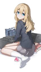 Rule 34 | 1girl, absurdres, bag, blazer, blonde hair, blue eyes, blue jacket, buttoned cuffs, buttons, closed mouth, commentary request, full body, grey skirt, hair between eyes, highres, instrument, instrument case, jacket, k-on!, keyboard (instrument), kneehighs, kotobuki tsumugi, long hair, long sleeves, looking at viewer, looking back, pleated skirt, sakuragaoka high school uniform, school bag, school uniform, sentter, sidelocks, simple background, sitting, skirt, smile, socks, solo, thick eyebrows, thighs, white background, white socks, winter uniform