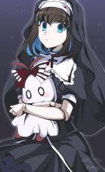 Rule 34 | 1girl, antenna hair, artist name, black hair, blue eyes, blue hair, bow, character doll, colored inner hair, cross, dated, doll joints, dress, garie tuman, ghost costume, habit, highres, joints, kiraki, looking at viewer, micha jawkan, multicolored hair, nun, pale skin, puffy short sleeves, puffy sleeves, senki zesshou symphogear, short hair, short sleeves, solo, sparkle background, two-tone hair