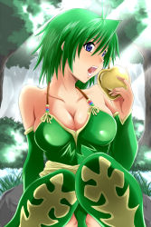 Rule 34 | 1990s (style), 1girl, alternate hairstyle, apple, blue eyes, breasts, cleavage, detached sleeves, eating, final fantasy, final fantasy iv, food, forest, fruit, green hair, highres, large breasts, leotard, looking at viewer, nature, open mouth, outdoors, retro artstyle, rydia (ff4), sash, short hair, sitting, solo, yamada (fanfantaisa)