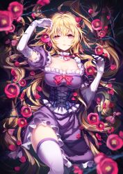 Rule 34 | 1girl, arm up, blonde hair, breasts, cleavage, dress, elbow gloves, eyelashes, flower, flower request, frilled skirt, frills, gloves, hair between eyes, hair ribbon, highres, in water, large breasts, long hair, looking at viewer, lying, neck ribbon, no headwear, on back, open mouth, parted lips, partially submerged, puffy short sleeves, puffy sleeves, purple dress, red eyes, red ribbon, ribbon, short sleeves, skirt, soen, solo, thighhighs, touhou, tress ribbon, underbust, very long hair, white gloves, white thighhighs, yakumo yukari