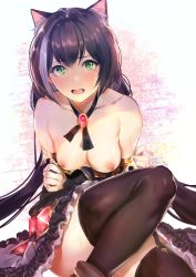 Rule 34 | 1girl, animal ears, bare shoulders, black hair, black thighhighs, blush, breasts, breasts out, cat ears, cat girl, collarbone, commentary request, crossed arms, green eyes, hair between eyes, highres, hiyashi mirano, karyl (princess connect!), long hair, looking at viewer, low twintails, medium breasts, multicolored hair, nipples, open mouth, princess connect!, saliva, sitting, solo, streaked hair, thighhighs, thighs, twintails, very long hair, white hair
